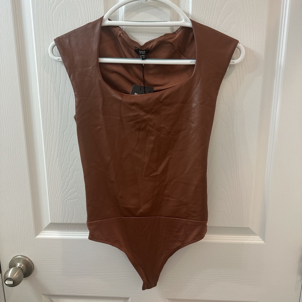 Express Imitation Leather Brown Sleeveless Bodysuit